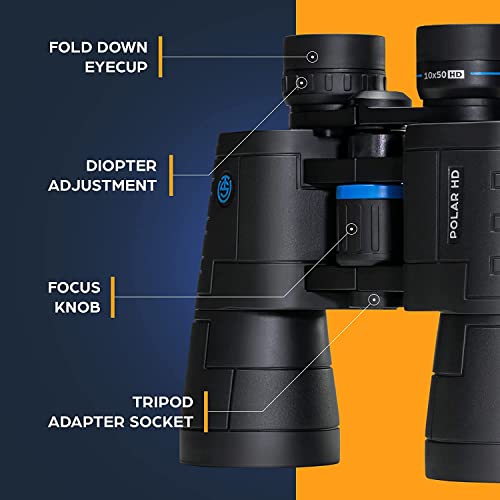 TSO Polar HD 10x50 Binoculars for Adults, Porro Prism, HD Glass, Rainproof, Long Eye Relief for Bird Watching & Wildlife Viewing