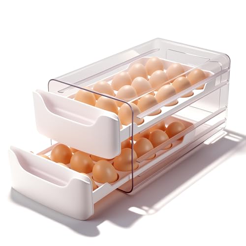 Egg-Holder for Fridge, Fits Small to Large Eggs, White | 36 Egg-Storage for Refrigerator Countertop, 2 Tier Dispenser with Drawer, Stackable Clear Egg Tray Container - size: 2 Tier-White