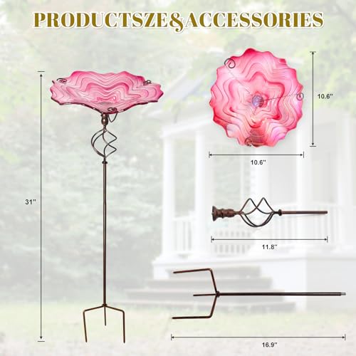 Bird Baths for Outside,12" Small Pink Glass Birdbaths Outdoor,Detachable Bird Feeder with Metal Stake for Garden Yard Patio Decor,32" Height - color: Pink with Stake