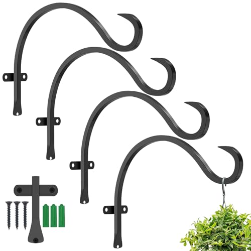 12 Inch Heavy Duty Plant Hanger Wall Hook 4 Pack - Black Iron Hanging Plant Bracket Holds 44 lbs - Rust Resistant Indoor Outdoor Hooks for Bird Feeders Lanterns Wind Chimes Hanging Baskets with Screws - size: 4 Pieces