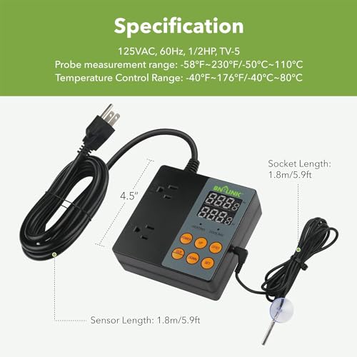 BN-LINK Temperature Controller Dual Thermostat Outlet for Heating Cooling | 2-Stage Outlet Digital Temp Controller Plug for Reptiles Aquarium Carboy Homebrew Breeding Fermenter, -58-230℉, 15A/1875W - style: T9
