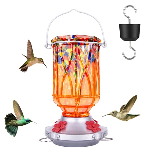 Hummingbird Feeders for Outdoors with Ant Moat, Hand Blown Glass Hummingbird Feeder, 4 Feeding Ports with Perch, Outdoor Garden Décor, 15 OZ, Orange - color: Orange