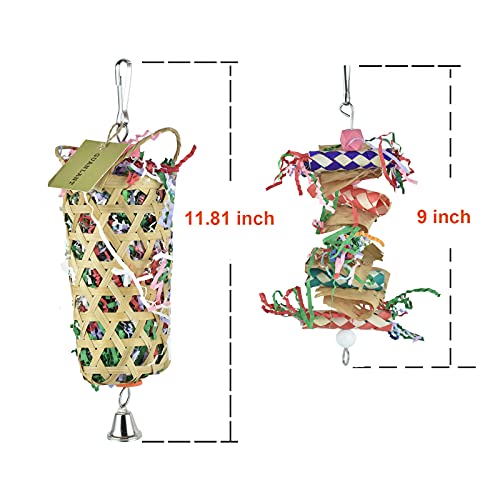 4 Pack Bird Foraging Shredder Basket Toy Parakeet Cockatiel Paper Cage Chew | Conures Cage Climbing Foot Toys with Bell,Parrot Chewing Beads,Bamboo Basket,Birdcage Hanging Treats Feeder Toy,Refillable