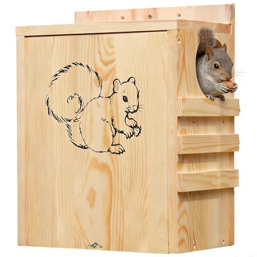 Large Squirrel House for Outside, Wooden Squirrel Box with Predator Guard | Squirrel Nesting Box for Squirrels and Chipmunks, with Internal and External Climbing Ladders, 4 Corner Drainage Holes - size: Large: 8"wide