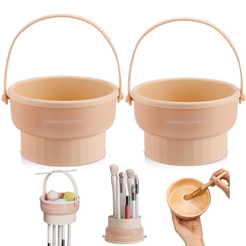 GOLIKEE 2 Pack Makeup Brush Cleaner Mat 3 in 1 Silicone Makeup Brush Cleaning Bowl Makeup Brush Sponge Scrubber Tool for Cleaning, Storage and Upside Down Drying, （Two Khaki） - color: Khaki