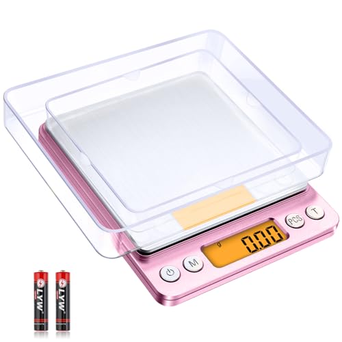 0.01g High Precision Kitchen Food Scale, Diyife 500g Portable Digital Scale | with LCD Display, Tare, Multifunctional Gram Scale Weight for Cooking, Baking, Jewelry, 2 Tray, Batteries Included, Pink - color: Pink