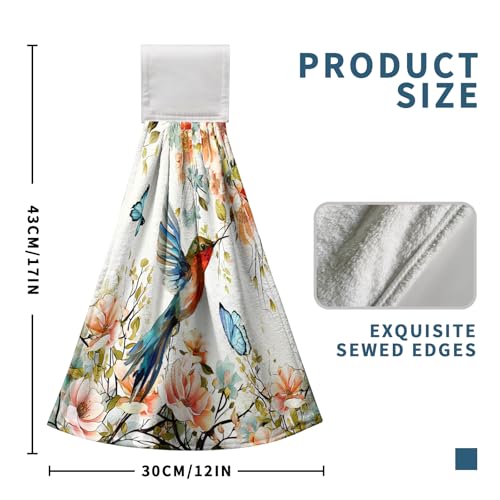 Floral Birds Hand Towels with Hanging Loops Garden Watercolor Floral Hummingbird Butterfly Hanging Kitchen Towels Set of 2 Spring Summer Soft Absorbent Bath Tie Towel Oven Stove Dish Washcloths - color: Floral Birds