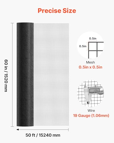 VEVOR Hardware Cloth 60 in x 50 ft, 1/2 in 19 Gauge Galvanized Wire Mesh Roll, Weather-Resistant Vinyl Coated Chicken Wire Fencing, Heavy Duty Welded Garden Plant Fencing for Rabbit Cage Snake Fence - size: 60in*50ft