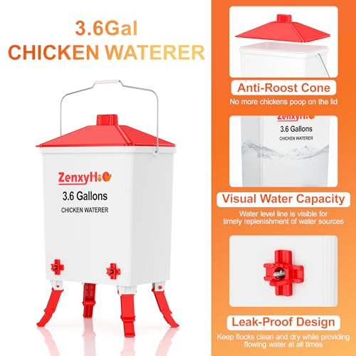 3.6 Gal Chicken Waterer with 4 Water Nipples - 3 Height Adjustable | Anti-roost Cone and Locking Legs Design, Leak-Proof Side Mount Nipples for Backyard Flock - style: Waterer with Nipples