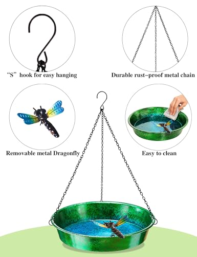 Hanging Bird Bath for Outside, 11.5” Metallic Green & Blue Metal Birdbath Bowl & Feeder with Black Chain Outdoor Garden Yard Decor - color: Metallic Green & Blue