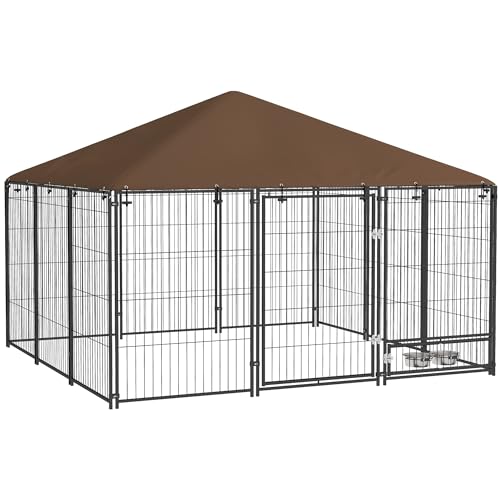 PawHut Outside Dog Kennel, 7' x 7' x 5' Puppy Play Pen with Canopy, Garden Playpen Fence Crate Enclosure Cage Rotating Bowl, for Dogs, Chickens, Ducks, Black | Puppy Play Pen, Garden Fence Crate Enclosure Cage, Rotating Bowl for Dogs Chickens Ducks - size