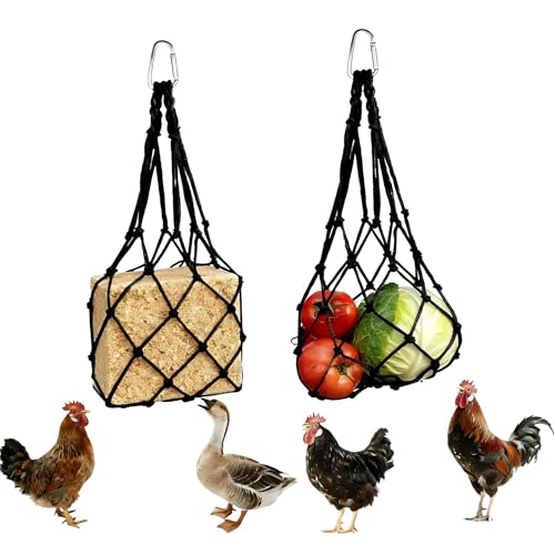 2PCS Chicken Vegetable Hanging Feeder Bags, Reusable String Bag Net Hanging Feeder for Chickens Ducks Coops Toy, Enrichment Toys, Treat Holder, No Waste Poultry Accessory(Black) - color: Black