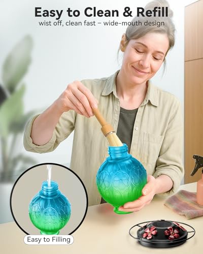 26Oz Hummingbird Feeder for Outdoors, Vintage Glass Bird Feeder with Perch, Durable & Easy to Clean, Hanging Nectar Feeder for Garden, Yard, Deck – Gifts for Women Mom (Green) - color: Green