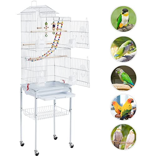 Yaheetech 62.5-inch Roof Top Flight Bird Cage for Parakeets Cockatiels Conures Finches Lovebirds Canaries Budgies Small Parrots, Large Birdcage with Detachable Rolling Stand, White - color: White
