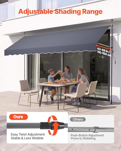 VEVOR Manual Retractable Awning, 157" x 59" Outdoor Patio Awnings Sunshade Shelter with 43"-59" Retractable Side Bar, No Drill Height Adjustable, Crank Handle for Backyard, Balcony, Dark Gray - size: 157x59 in