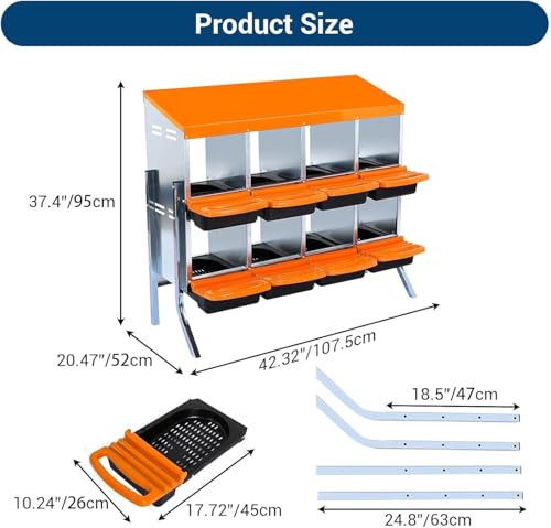 8-Hole Chicken Nesting Box with Removable Lid, Metal Chicken Coops with Roll Away Design/Easy Egg Collection/Ventilation Holes, for Chickens Coops, Duck and Hens - color: Orange, size: 8 holes with legs