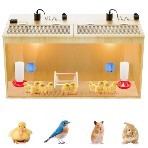 Brooder Box for Chicks, 32 Inch Wooden Large Chicken Brooder Box with 75W Heating Lamps, Thermometer, Chicken Feeder & Waterer Set, Tin Foil, Poultry Breeding Kit, for 12-15 Chicks Ducks Quail