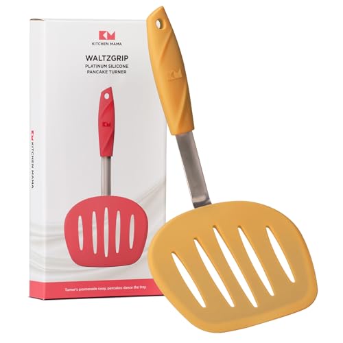 Kitchen Mama WaltzGrip Platinum Silicone Pancake Spatula Turner, Yellow | Heat-Resistant, Slotted Tapered Head, Stainless Steel Core, Durable and Dishwasher-Safe, For Flipping and Wok Use - color: Yellow