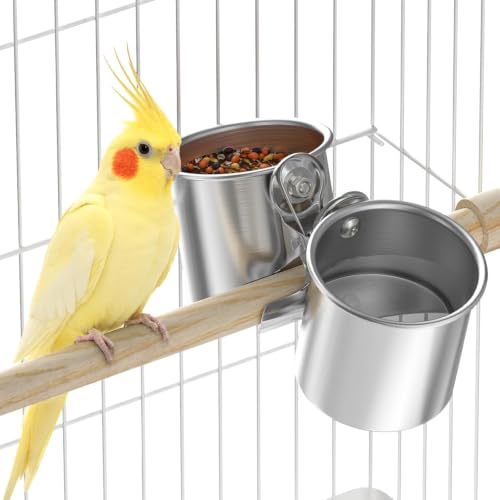 Pawfly Bird Cage Mounted Food & Water Containers, Sturdy Stainless Steel Cups with Clamp Design, Feeding Supplies for Budgie, Parakeet, Cockatiel & Conure