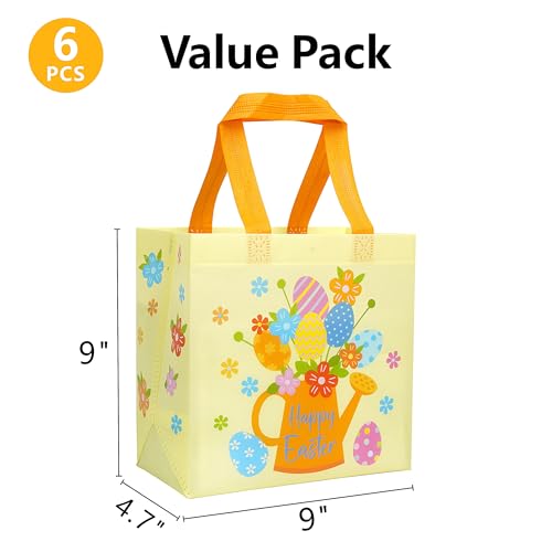 SUNCOLOR Easter Gift Bags, 6 Pack Non-Woven Tote Bags with Bunny Design, 9x9x4.7 Inch, Reusable Party Supplies for Kids Egg Hunt Games