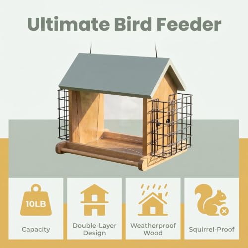 Wood Hopper Bird Feeder with Double Suet Cage, 10 lb Large Capacity Hanging Wild Bird Feeder for Outdoor, Garden Bird Feeder with Weatherproof Roof