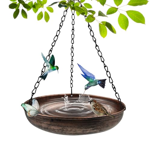 10" Compact Metal Hanging Bird Bath with Chains | 1.6" Deep Bowl, 0.4Gal Capacity, 3 Chain Support, Easy Cleaning, Rust Resistant, Small Space Decor - size: 10"