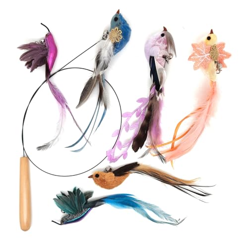 miwoowim 35" Steel Wire Cat Wand Toy & 6PCS Realistic Feather Bird Refills | Sturdy wooden handle for easy grip.Handcrafted birds with bells.Promotes active play, healthy exercise & bonding - color: 7 PCS Cat Wand Toy Birds