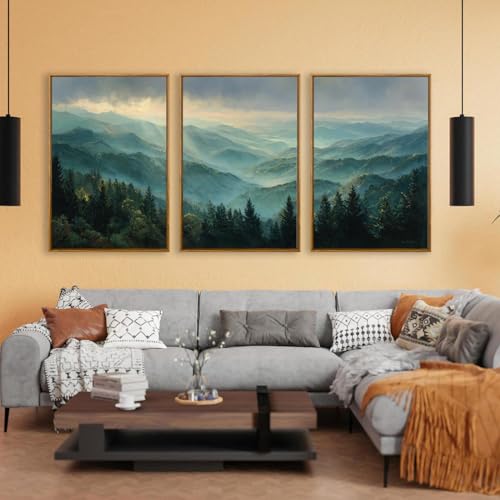 QTUSYUR Sage Green Mountain Wall Art - Large Farmed Pine Forest Landscape Art Print - Abstract Nature Adventure Artwork for Farmhouse Bedroom Living Room- Misty Mountains Triptych Decor 16”×24”×3 - style: mountain