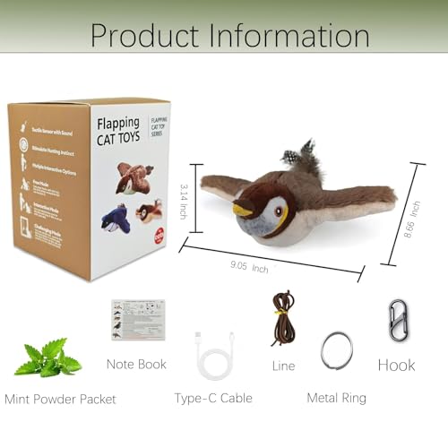 Interactive Chirping Bird Cat Toys with Flapping Wings,No Flying Birds Cats Toy, Flying Simulation Electric Sparrow Shaking Hunting Pet Toy for Indoor (Brown Upgrade) - color: Brown Upgrade