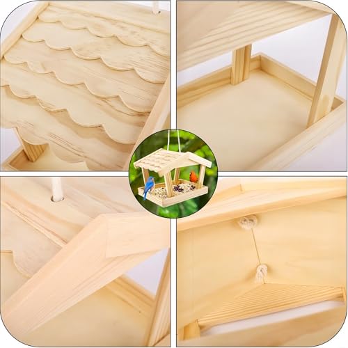 Bird Feeders House, 10x6.3x7.8 Inch Wooden Wild Bird Feeders for Cardinals Finches Bluebird Mealworm, Platform Bird House Feeder for Garden Yard Outside Hanging, Unfinished Wood