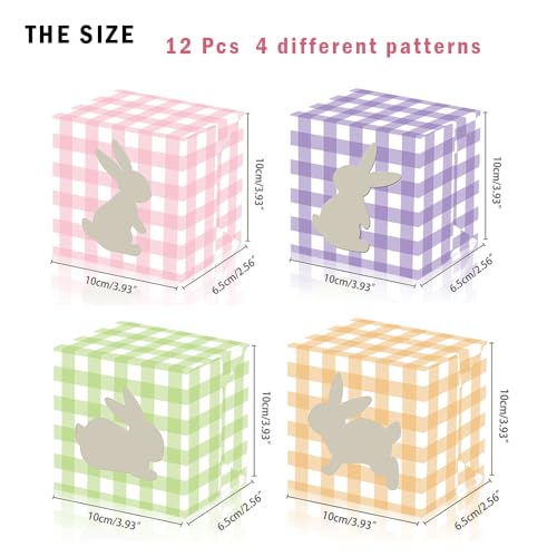 L7HWDP 12Pcs Easter Treat Boxes Plaid Cardboard Box with Rabbit Bunny Shape Window Spring Colorful Checked Candy Gift Paper Box Easter Containers