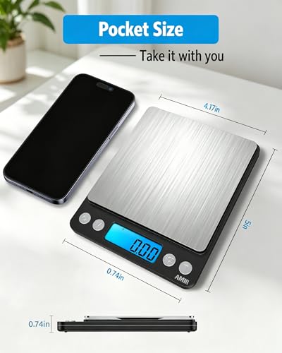 AMIR Digital Kitchen Scale, 500g/0.01g Mini Pocket Jewelry Scale, Cooking Food Scale with Backlit LCD Display, 2 Trays, 6 Units, Auto Off, Tare, PCS Function, Stainless Steel, Battery Included, Black - color: Black