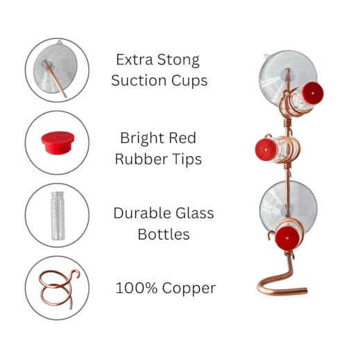 Window Hummingbird Feeder | Handcrafted Copper and Aluminum | Multiple Stations | Modern Hummingbird Feeder | Glass Bottles | Suction Cups (Copper, Three Station) - size: Three Station - Standard Perch