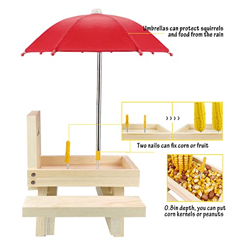Squirrel Feeder Table with Umbrella, Wooden Squirrel Picnic Table Feeder, Sturdy Squirrels Feeder Corn Cob Holder, with Solid Structure and 2 x Thick Benches(1pk) - color: 1-Red