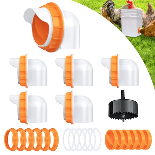 Chicken Feeder Port, 6 Chicken Feeders No Waste, 6 Lids 1 Drill Bit, Orange | Rainproof DIY Automatic Poultry Feeder Cups Kit, Common Breeds Chicken Bucket Feeder for Barrels - color: Orange, size: 6 pack