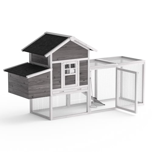 GOJOOASIS Chicken Coop for 2-4 Chickens Outdoor Wooden Hen House, Grey | Predator Proof Hen House with Nesting Box, Poultry Cage w/ Wire Fence, Ramp, Tray, Roosting Bar, 4 Access Areas - size: E