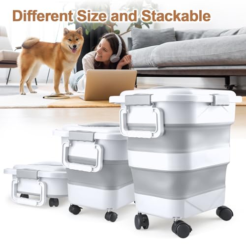 Dog Food Storage Container, 10-20 lbs Airtight Collapsible Cat Food Storage Container with Attachable Wheels, Portable Handle, Dog Food Scoop for Dog Cat Bird Pet Dry Food Storage Bin Light Grey - color: Light Grey, size: Medium