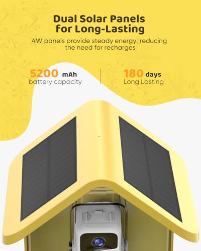 Bird Feeder with Camera Solar Powered : Smart Camera Bird Feeder 2K Live Steam for Outdoor, 5MP Photos, AI Identification, 1.8L Large Capacity, Gifts for Mom Dad, Built in Dual Solar Panel - color: Yellow