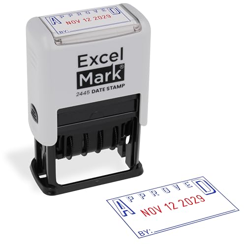 ExcelMark 2445 Date Stamp with Text - Blue and Red Ink (Gray Mount, Approved) - color: Gray Mount, size: Approved