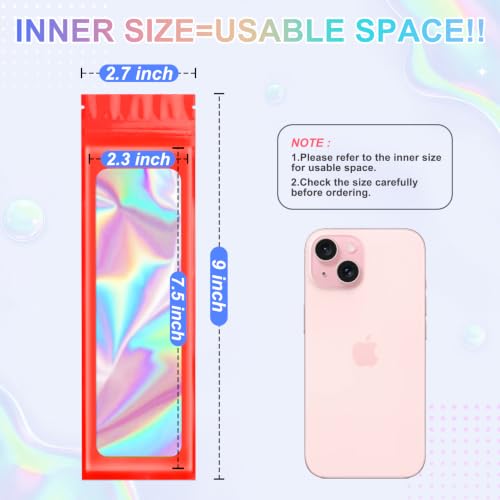 ANZNKU 100 Pcs Holographic Mylar Pen Bags 2.7x9, Red Pen Sleeve Sealable | Beadable Pencil Pouch with Clear Window, Resealable Plastic Zip Baggies, Small Business Jewelry Sample Candy Favor Packaging - color: Red, size: 2.7 x 9 Inch