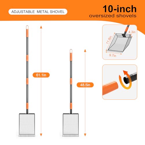 2-in-1 Chicken Poop Scooper & Rake, Heavy Duty Metal Long Handle Poultry Coop Cleaning Tool, Rustproof Manure Shovel with Serrated Edge for Backyard Chicken Ducks
