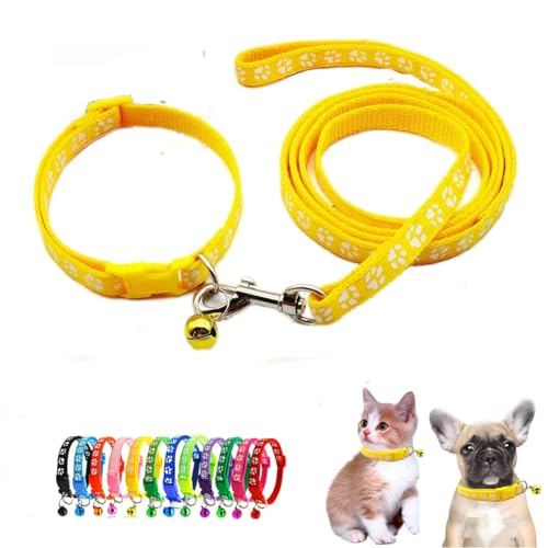 Puppy Dog Collar Leash Set with Bell, Cat Kitten Collars Yellow XXS XS | Paw Print Reflective Dog Collar Leash Set with Bell, Basic Nylon Boy Girls Pet Collar Adjustable For XXS XS S Tiny Puppies - color: yellow