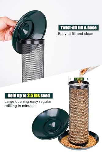 Gtongoko Finch Feeders for Outside All Metal Mesh Tube Bird Feeder Green | 2.5 LB Hanging Bird Feeder for Nyjer & Thistle Seed, Weather-Resistant Lid, Easy Refill & Cleaning, Closed Metal Ring - color: Green-0.24”