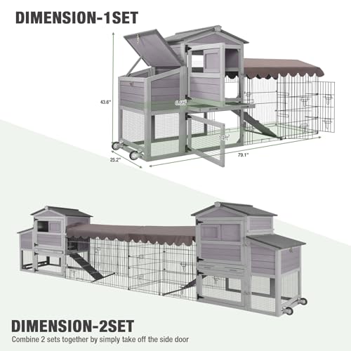 79‘’ Chicken Coop with Wheels, Wooden Hen House with Large Nesting Box, Outdoor Poultry Cage with Leakproof Pull-on Tray, Backyard Chicken Coop with Run, Weatherproof Rabbit Hutch