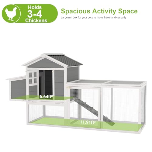 Yafylly Large Chicken Coop Outdoor, 82" Wood Hen House for 3-4 Chickens, Durable Duck House Poultry Pet Hutch with Run, Nesting Box, Ramp, Removable Tray, Waterproof Roof for Backyard Small Animal - color: Grey, size: 80.9"L x 36.3"W x 44.7"H