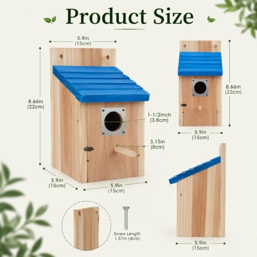 Wooden Birdhouse, Natural Cedar Nesting Box with Blue Roof, Predator Guard, Cleanable Door for Finch, Wren, Sparrow