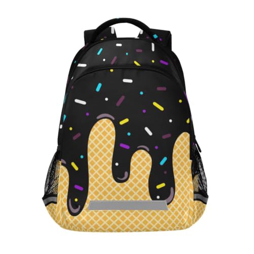 Kids Black Ice Cream Backpack for Boys Girls School Bags | Elementary Middle, Travel Daypack Lightweight Waterproof with Reflective Strip - color: Black Ice Cream
