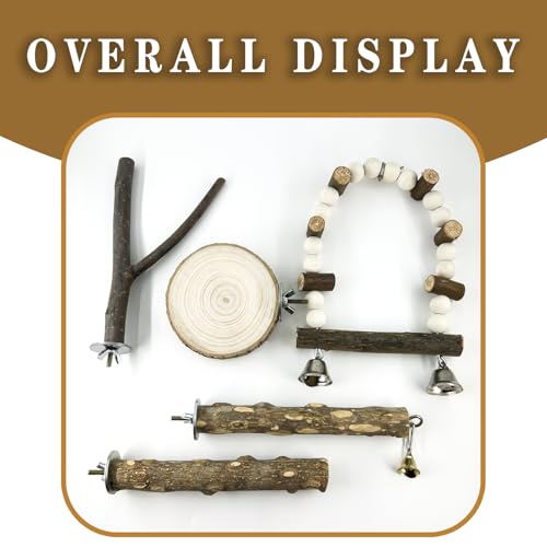 5Pcs Natural Wooden Bird Perch Set – Parrot Perch Toys, Wooden Perch Swing, Cage Accessories for Budgies, Cockatiels, Lovebirds, Finches, and Other Small to Medium Birds (Brown, 5PCS-B) - size: 5PCS-B