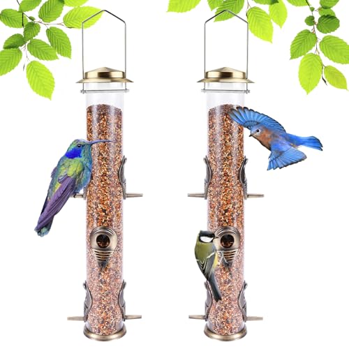 Metal Bird Feeder Tube Hanging Wild Bird Seed Feeder Aluminum Six Port Bird Feeders,1.4 mm Extra Thick Solid Tube Transparent with Steel Hanger Great for Attracting Birds (Bronze 2PK) - color: Bronze 2PK
