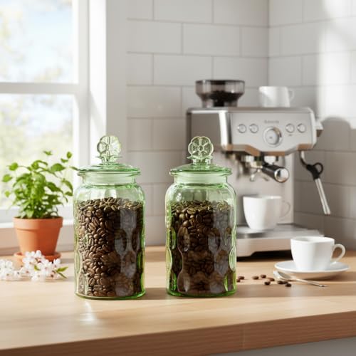 10 Strawberry Street Textured Glass Flower Canister, Dimpled Round, Sage, Set of 2 - color: GREEN FLOWER TOP